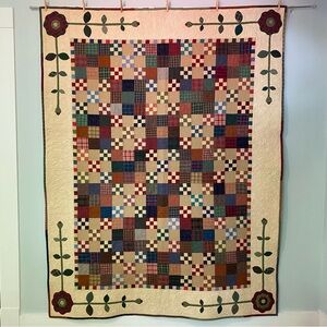 Handmade Patchwork Cotton Quilt in Multi-Color Cream Border